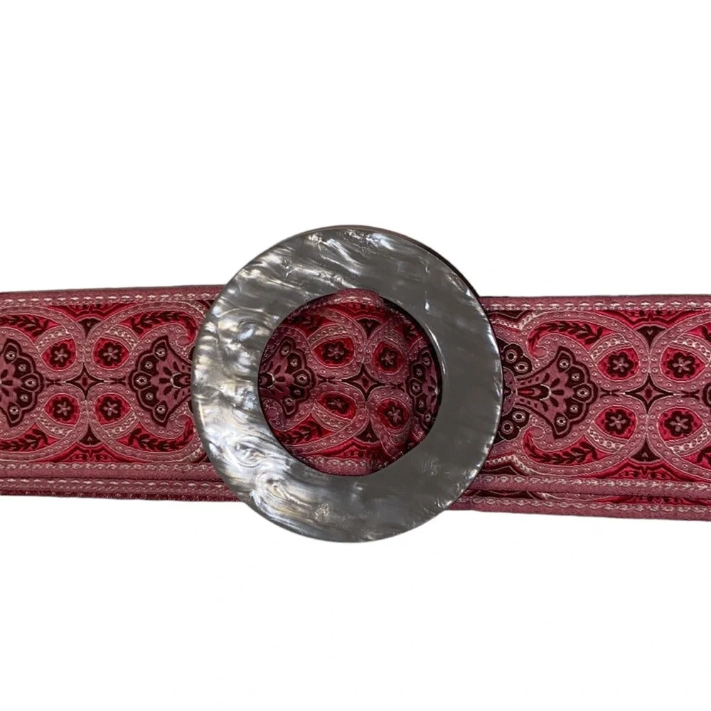 Womens Pink Cloth Belt Faux Abalone Mother of Pearl Round Resin Buckle Boho